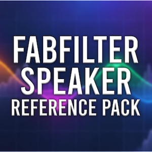 Op de afbeelding: Een digitale afbeelding met de tekst FABFILTER SPEAKER REFERENCE PACK in witte hoofdletters. De achtergrond toont een donkerblauw raster met gekleurde geluidsgolven, twee studiomonitors en een zwarte hoofdtelefoon.