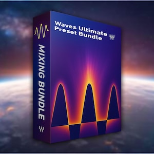Puede incluir: Una caja de producto con un diseño degradado púrpura y naranja, con el texto "Waves Ultimate Preset Bundle" y "Mixing Bundle". La caja tiene un gráfico de onda de sonido estilizado y un logotipo. El fondo muestra una imagen borrosa de un planeta y el espacio.