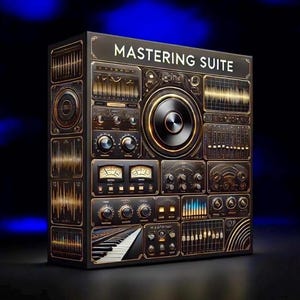 May include: A gold and black digital audio mastering suite plugin with the text "MASTERING SUITE" on the front.