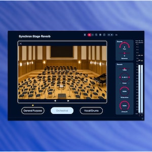 以下が含まれることがあります： コンサートホールのシーンを表示するデジタルオーディオワークステーション（DAW）インターフェース。インターフェースには、パン、バランス、量などのリバーブコントロールがあります。「Synchron Stage Reverb」のテキストが上部に表示されています。