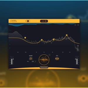 Pode incluir: Uma captura de tela de uma interface de plugin de áudio digital com um esquema de cores amarelo e preto. A interface apresenta uma exibição de forma de onda, um botão "Shape", um botão "Talt" e um botão "Learn". O plugin é chamado de "Summer Equator".
