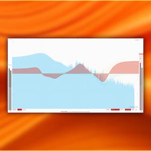 May include: A computer screen shows a graph with blue and red lines on a white background. The graph illustrates fluctuating data, with the blue area representing a lower range and the red area a higher range. The screen is set against an orange background.