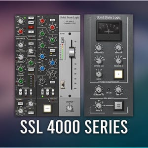 May include: Image of a Solid State Logic SSL 4000 Series audio mixing console. The console is dark gray with numerous knobs, buttons, and sliders. The text "SSL 4000 SERIES" is displayed in white at the bottom of the image. The console is designed for audio processing.
