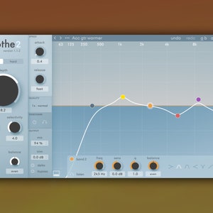 Screenshot of Soothe2 plugin interface by oeksound, showcasing advanced dynamic resonance suppression with intuitive controls for frequency and intensity. Designed to reduce harshness and unwanted frequencies in vocals, instruments, and mixes
