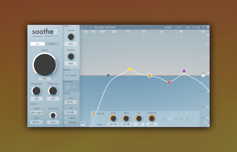 Screenshot of Soothe2 plugin interface by oeksound, showcasing advanced dynamic resonance suppression with intuitive controls for frequency and intensity. Designed to reduce harshness and unwanted frequencies in vocals, instruments, and mixes