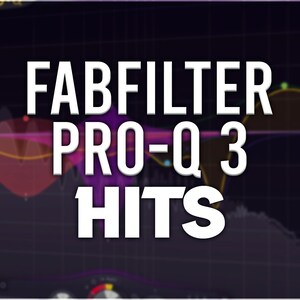 Könnte beinhalten: Ein Screenshot einer digitalen Audio-Workstation, der einen grafischen Equalizer mit dem Text "FABFILTER PRO-Q 3 HITS" in Weiß auf einem violetten Hintergrund zeigt.