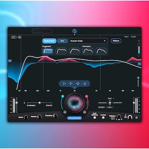 Pode incluir: Interface de software de processamento de áudio para guitarra acústica com fundo escuro. A interface exibe uma forma de onda azul e vermelha, juntamente com vários botões e controles deslizantes. O software inclui opções para instrumentos, mixagem e configurações alternativas.