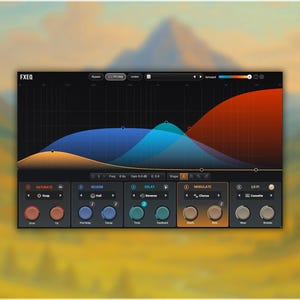 May include: A digital audio workstation (DAW) interface with the text "FXEQ" at the top left. The interface displays a frequency spectrum with blue, orange, and red wave patterns. Various control knobs and buttons are visible.