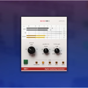 May include: A digital audio mastering maximizer interface, WEISS MM-1, with a white background and black knobs. The interface displays input, GR, and output levels, along with controls for amount, parallel mix, and limiter gain. The text "MM-1 digital mastering maximizer" is visible.