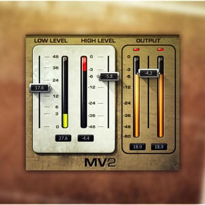 May include: A vintage-style audio mixer with three knobs labeled "Low Level", "High Level", and "Output". Each knob has a black needle and a numerical scale. The "Low Level" knob is set to 17.6, the "High Level" knob is set to -5.8, and the "Output" knob is set to -4.2. The mixer is labeled "MV2".