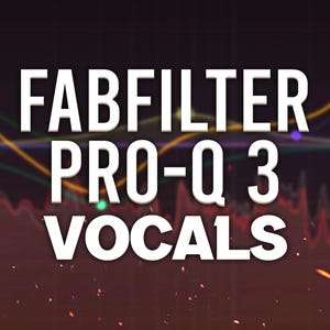 Può includere: Immagine con testo "FABFILTER PRO-Q 3 VOCALS" in bianco su sfondo scuro. Sono presenti anche linee di onde sonore colorate e piccole particelle luminose.