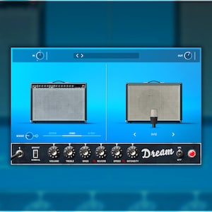 Op de afbeelding: Een blauwe digitale interface met twee gitaarversterkers, een met een microfoon ervoor. De interface heeft knoppen om het geluid aan te passen, waaronder "Boost", "Bright", "Normal", "Volume", "Treble", "Bass", "Reverb", "Speed", "Intensity" en "Dream".