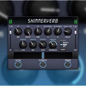 May include: A blue and black digital audio effects plugin interface with the text "SHIMMERVERB" and various knobs and buttons. The interface has labels for "Mix", "Decay", "Size", "A-Pitch", "Delay", "Freeze", "Level", "Feedback", "Tempo", "Active", "Hotswitch", and "Freeze".