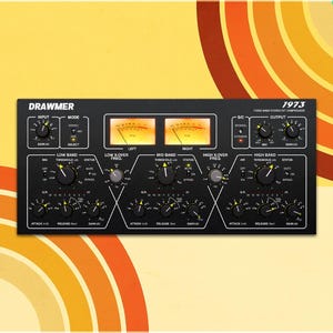 May include: Black Drawmer 1973 three-band stereo FET compressor with multiple knobs, dials, and meters. The audio equipment has a retro design with a yellow, orange, and brown background.