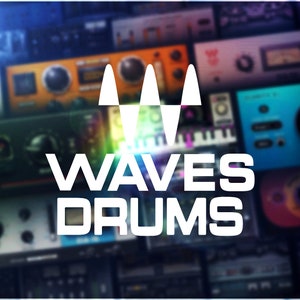 Pode incluir: Um logotipo branco com o texto "WAVES DRUMS" em um fundo de imagens desfocadas de vários plugins de áudio. O logotipo apresenta quatro ondas estilizadas brancas.
