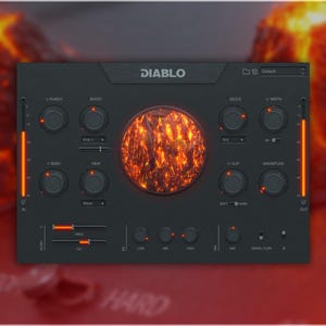 May include: A dark gray audio effects plugin labeled "DIABLO" with multiple knobs and sliders. The center features a glowing orange sphere resembling lava. The background has a blurred image of a volcanic eruption.