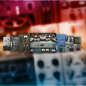 Op de afbeelding: Een verzameling vintage audioapparatuur, waaronder mengpanelen, bandrecorders en andere studioapparatuur. De afbeelding heeft een vage achtergrond met een verloop van rode, oranje en blauwe tinten. De apparatuur is horizontaal gerangschikt.