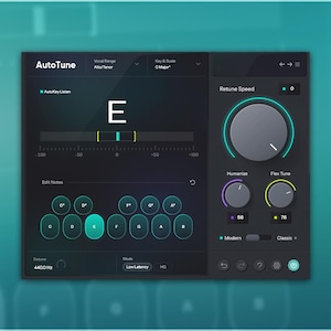 Peut inclure: Interface d'une station de travail audio numérique avec le texte "AutoTune" en haut. L'interface comprend un grand cadran, plusieurs petits cadrans et une section de type clavier avec des notes de musique. Le fond est un dégradé de bleu et de vert d'eau.