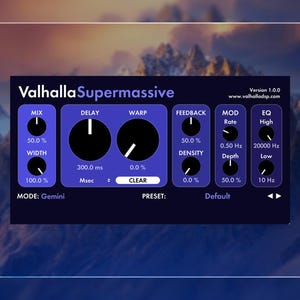 May include: A screenshot of a digital audio plugin interface called Valhalla Supermassive, version 1.0.0. The interface has a blue background with white text and knobs. The plugin has controls for mix, delay, warp, feedback, mod rate, and EQ.