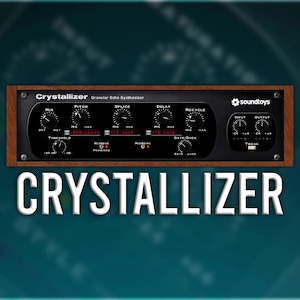 May include: A Soundtoys Crystallizer Granular Echo Synthesizer plugin interface with a brown wooden frame. The interface has knobs and sliders for controlling mix, pitch, splice, delay, recycle, input, output, and trim.