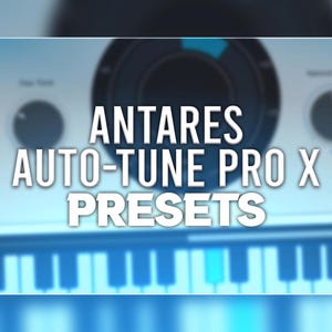 以下が含まれることがあります： 青いノブと黒い文字「Antares Auto-Tune Pro X Presets」が書かれた白いキーボードのクローズアップ。