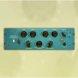 May include: A teal-colored audio equalizer with multiple knobs and switches. The device has the text "RULE TEC PROGRAM EQUALIZER" and various control labels like "BOOST," "ATTEN," and "GAIN." The design includes a logo and several dials.