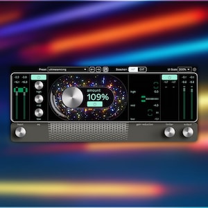 May include: A digital audio plugin interface featuring a central circular knob labeled amount at 109 percent, surrounded by a colorful nebula graphic. The panel includes vertical faders, rotary controls, and text labels for input, gain reduction, limiter, and output.