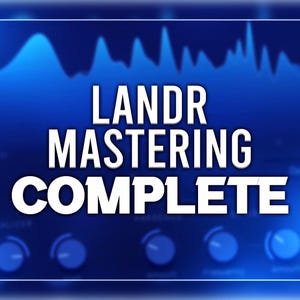 May include: A blue screen with a white graphic that says "LANDR MASTERING COMPLETE". The graphic is surrounded by a white border. The background is a blurred image of a sound mixing board.