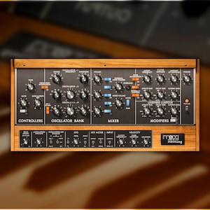 Puede incluir: Un sintetizador analógico negro y plateado con paneles laterales de madera. El sintetizador tiene una variedad de perillas, botones y deslizadores. El texto "Moog" está impreso en el panel frontal.