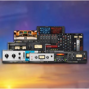 Pode incluir: Uma coleção de equipamentos de áudio profissionais, incluindo mesas de mistura, pré-amplificadores e processadores de sinal. Os dispositivos apresentam botões, medidores e ecrãs, com uma variedade de cores e designs. O fundo é um gradiente de azul, laranja e amarelo.