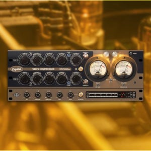 May include: A black and brown audio valve compressor featuring multiple knobs, dials, and meters. The text "Capitol Valve Compressor" is displayed. The background is a blurred, golden-toned industrial setting.