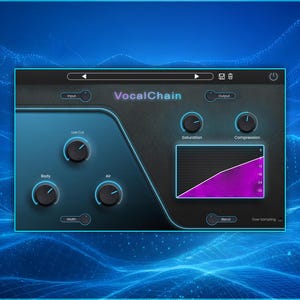 Peut inclure: Interface de station de travail audio numérique (DAW) avec le texte "VocalChain". Il comporte des boutons et des curseurs, dont "Saturation" et "Compression", et un graphique de forme d'onde violet. Le fond est un motif bleu ondulé.