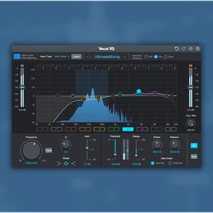 May include: A digital audio interface window titled Vocal EQ featuring a dark gray background with a central frequency spectrum graph, multiple colored control points, various adjustment knobs, vertical faders, and numerical data displays.