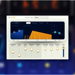 Op de afbeelding: Een screenshot van een digitale audiowerkstation-plugin-interface met de naam "SRVERB" en het woord "Gated" geselecteerd in een dropdown-menu. De plugin heeft besturingselementen voor PreDelay, Time, Size, Diffusion, Decay, Early Ref, Reverb, Wet/Dry en Gain.