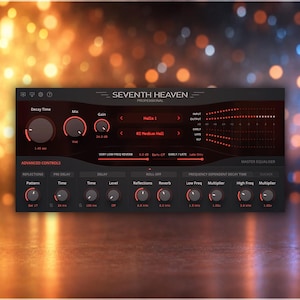 Op de afbeelding: Een digitale audio-software interface genaamd Seventh Heaven Professional, met een donkergrijs paneel met rode ronde knoppen, schuifregelaars en niveaumeters. Het display toont instellingen voor decay time, mix, gain en geavanceerde bedieningselementen voor reflecties.