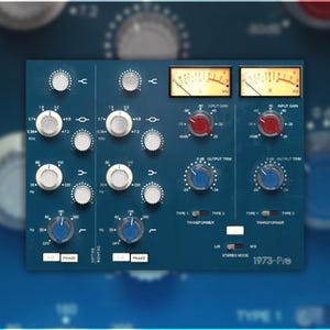 May include: A blue audio mixing console with knobs and dials. The console has a label that reads "1973-Pre".