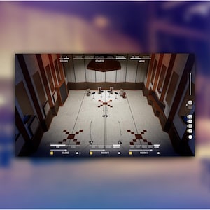 May include: A digital rendering of a sound studio interior. The room features a symmetrical design with microphones, chairs, and a central control panel. The color palette includes browns, whites, and blacks, with a focus on the studio's architectural details.