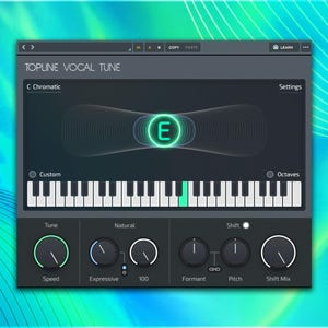 May include: A digital audio interface for Topline Vocal Tune software featuring a dark grey control panel with a central display showing the letter E, a piano keyboard graphic, and six circular adjustment knobs labelled Speed, Expressive, Formant, Pitch, and Shift Mix.
