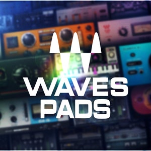 Pode incluir: Um logotipo branco com o texto "WAVES PADS" em um fundo desfocado de plugins de áudio coloridos. O logotipo apresenta quatro ondas brancas estilizadas.