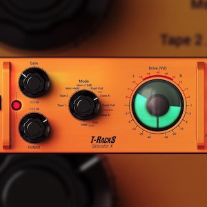May include: A close-up of a T-Racks Saturator X audio plugin interface. The interface is orange with black knobs and a green VU meter. The plugin has controls for gain, mode, drive, brickwall, and oversampling.