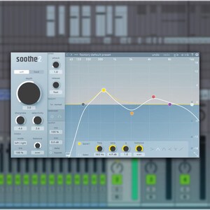 May include: A screenshot of a digital audio workstation (DAW) interface, featuring a plugin labeled "soothe2." The plugin's interface displays a blue and white waveform with adjustable parameters. The background shows a mixing console.