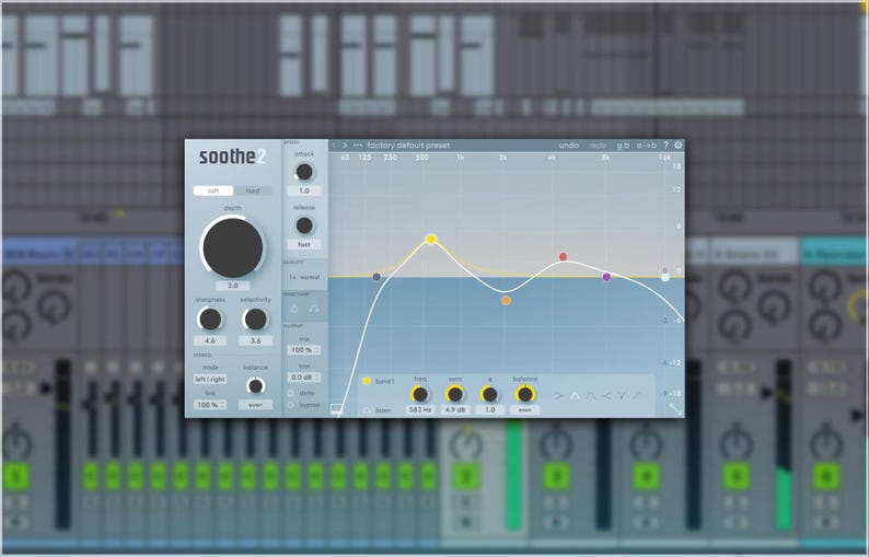 May include: A screenshot of a digital audio workstation (DAW) interface, featuring a plugin labeled "soothe2." The plugin's interface displays a blue and white waveform with adjustable parameters. The background shows a mixing console.