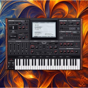 Könnte beinhalten: Ein schwarzer Synthesizer mit Holzrahmen, mit einem Bildschirm, der Daten anzeigt, und zahlreichen Knöpfen und Reglern. Die Tastatur hat schwarze und weiße Tasten. Der Hintergrund ist ein abstraktes Design in Blau-, Orange- und Goldtönen.