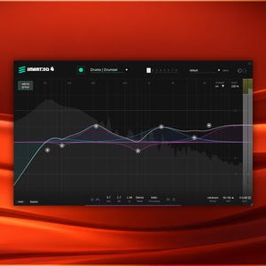 Puede incluir: Una interfaz de ecualizador de audio digital etiquetada como smart:EQ 4 que presenta un fondo gris oscuro con un gráfico de espectro de frecuencia central, múltiples puntos de control ajustables y varios menús de configuración sobre un fondo naranja vibrante.