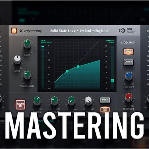 Puede incluir: Un primer plano de una interfaz de estación de trabajo de audio digital con un esquema de color verde y negro. La interfaz está etiquetada como "X-valvecomp" y "Solid State Logic. Oxford. England." La interfaz tiene un ecualizador gráfico con una línea azul que muestra la respuesta de frecuencia. La interfaz también tiene una sección de sidechain con un botón etiquetado como "Listen". El texto "MASTERING" se muestra en letras blancas grandes en la parte inferior de la imagen.