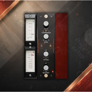 May include: A black audio compressor unit featuring two vertical analog VU meters on the left, four circular control knobs labeled Input, Compression, Ratio, Attack, and Recovery, and two toggle switches on a dark panel with orange text markings.