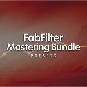 Può includere: Grafica digitale con il testo "FabFilter Mastering Bundle" in bianco, con la parola "Presets" sotto. Lo sfondo è una sfumatura di rosso e arancione con una silhouette di montagna e una linea gialla con punti colorati.