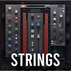 Puede incluir: Una interfaz de estación de trabajo de audio digital (DAW) con numerosas perillas, controles deslizantes y medidores. La interfaz es de color gris oscuro con detalles en rojo, verde y azul. La palabra "STRINGS" se muestra en letras blancas grandes en la parte inferior.