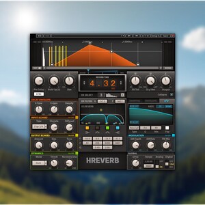 Puede incluir: Una interfaz de estación de trabajo de audio digital (DAW) con un diseño gris oscuro y negro. La interfaz presenta numerosas perillas, controles deslizantes y pantallas, incluida una pantalla prominente de "REVERB TIME" que muestra "4.32". La interfaz está etiquetada como "HREVERB".