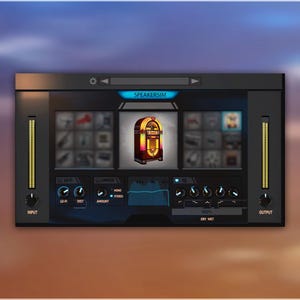 Puede incluir: Interfaz de audio digital con un gráfico de máquina de discos retro en el centro. La interfaz es negra con detalles en azul y amarillo, y tiene varias perillas, controles deslizantes y botones etiquetados como "INPUT" y "OUTPUT". El texto "SPEAKERSIM" se muestra en la parte superior.